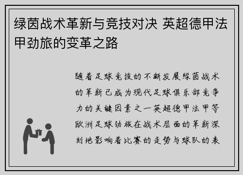 绿茵战术革新与竞技对决 英超德甲法甲劲旅的变革之路