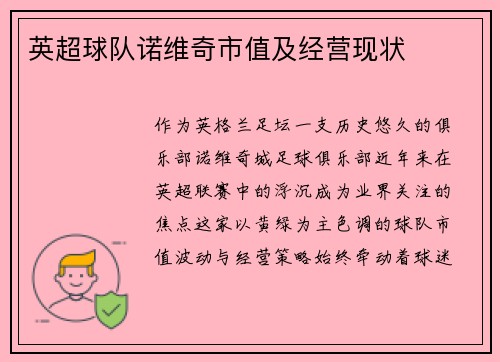 英超球队诺维奇市值及经营现状