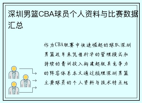 深圳男篮CBA球员个人资料与比赛数据汇总